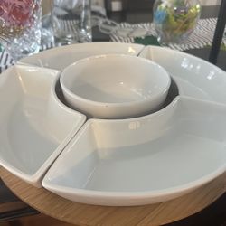 White Divided Serving Tray with Center Bowl + Bamboo Base