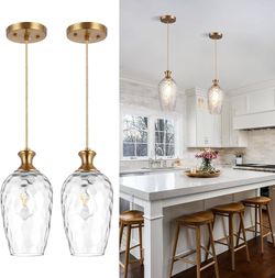 2 Pack (Also Available in 3 Pack) Gold Vintage Pendant Light w/Hand-Blown Hammered Clear Glass