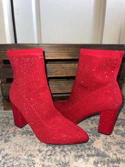 Red Rhinestone Sock Ankle Boots