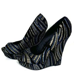 Shoedazzle Women’s High Heel Wedge 7.5 Blue Black Shimmer Glitter