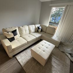 Brand New White Leather Sectional Couch Set And Ottoman 