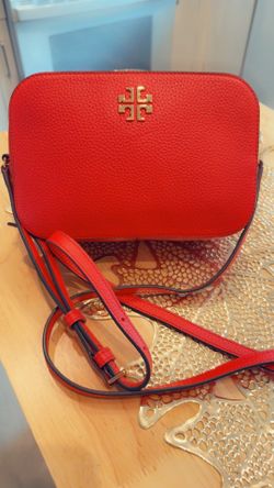 Tory Burch Bright Red Pebbled Leather Crossbody with Gold Logo