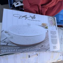Dolly Parton 3.2-Quart Stoneware Speckled Covered Casserole Dish.