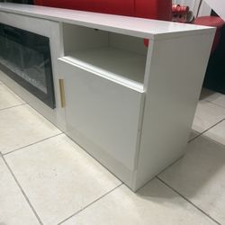 Modern White TV Stand with Built-In Electric Fireplace