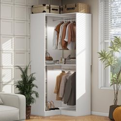 Corner Closet System, Corner Wardrobe Organizer with Extra Side Hanging Rods, Space-Saving Storage for Small Apartments and Compact Homes, Modern Whit