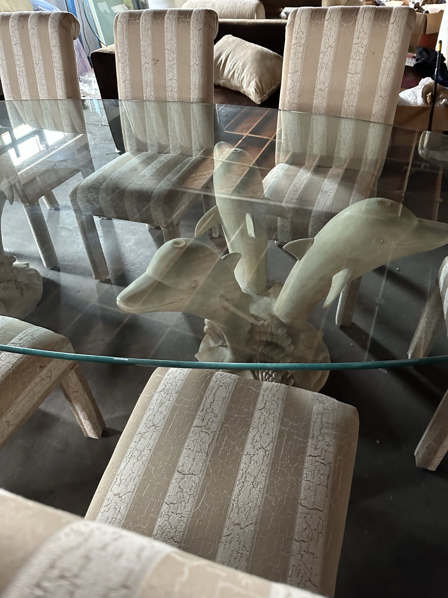 Unique Glass Top Dolphin Base, Eight Piece Dining Room Set