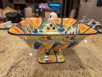 StoneLite "Fiori" XL Clay Hand-Painted Pedestal Bowl Centerpiece