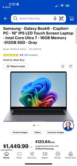 Samsung Galaxy Book6 Laptop PC 16" IPS Touch Screen Intel 7 355 16GB 512 SSD