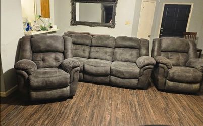 Grey suede livingroom set from Gallery Furniture