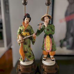 Antique Pair Of 2 Chinese Porcelain & Brass Figural Table Lamps Male & Female 