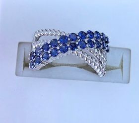 Blue Sapphire & Cable Criss-Cross Sterling Silver Ring Lab Grown (NWT)