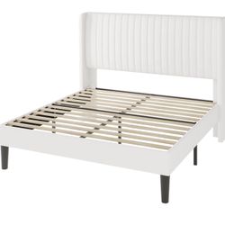 Queen White Upholstered Bedframe +Mattress 14”