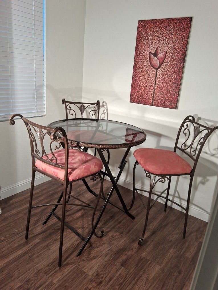 Beautiful Glass Top Table With 3 Chairs Painting And Serving Tray Not Included