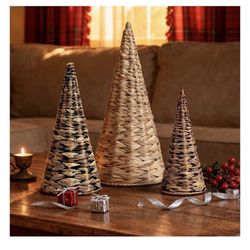 3pcs Woven Water Hyacinth Trees, Decor for Home Party, Table, Village Craft, Indoor | Outdoor Vintage (Natural+Black+Brown)
