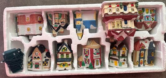 Vintage Miniature Ceramic Christmas Village Set - 10 Pcs with Battery Lights & Tray