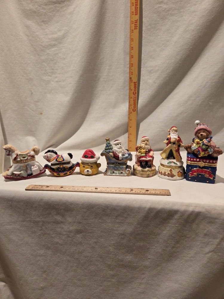 "Christmas" Theme Hinged Porcelain Trinket Boxes, VTG, Lot Of 7