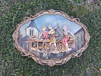 VINTAGE PLAQUE GOLD FRAME ITALIAN CHILDREN PLAYING FISHING, BAROQUE 3D Wall VICTORIAN MOLDED ART..REALLY COOL PIECE!....asking $25.09