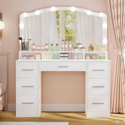 43.3" Vanity Desk with Large Lighted Mirror, Makeup Vanity Table with 7 Drawers & 10 Lights Bulbs, 3 Lighting Colors, White