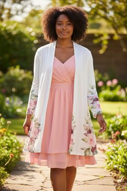Coral Pink XXL Dress And White sweater With Flowers