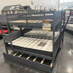 TWIN-OVER-TWIN BUNK BED WITH TRUNDLE AND BOOKSHELF