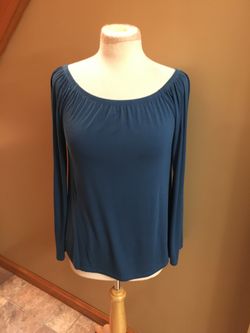 White House Black Market teal blue blouse with long sleeves and elastic neckline size small