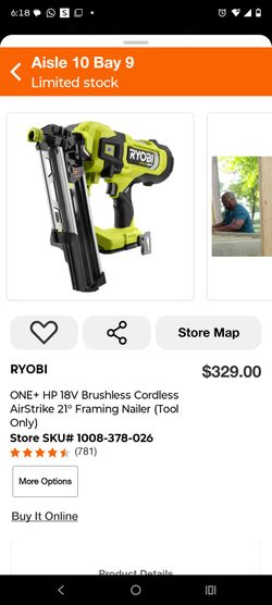 Ryobi ONE+ HP 18V 21° Framing Nailer