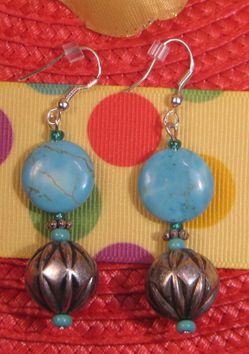 925 Sterling Silver, Handmade Wire Silver Tone & Turquoise Bead Long, Earrings
