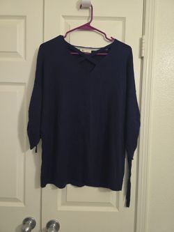 Navy Blue Knit Sweater with Crossover Neckline