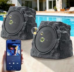 2-Pack Rock Speakers Outdoor Waterproof, Solar-Powered with RGB Color Lights Multi-Sync Up to 100