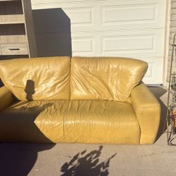 100% Leather Yellow Mid Century Loveseat 