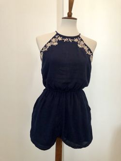 Boho embroidered navy blue romper