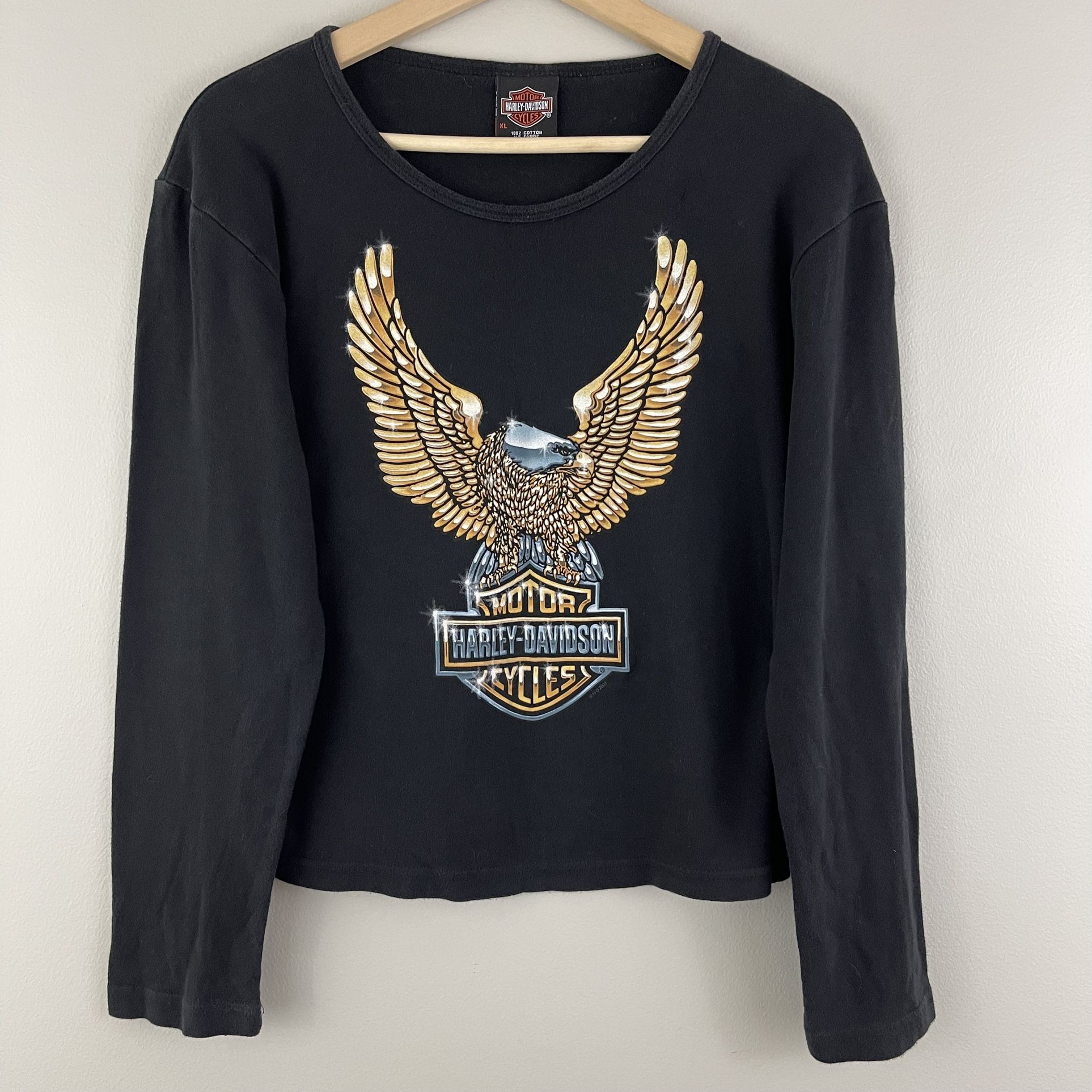HARLEY DAVIDSON Vintage 2003 Black Golden Eagle Graphic Crewneck Long Sleeve Top