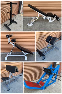Bicep/ Preacher Curl/ Olympic Weight, Ab/ Abdominal Bench, Hyperextension, Bumper Plates, Leg Press, Squat Rack