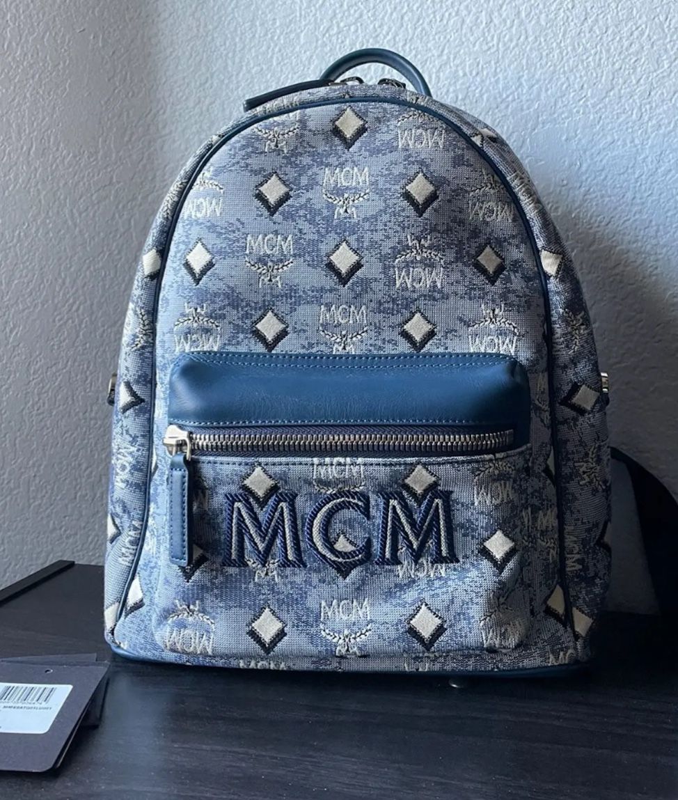 AUTHENTIC MCM STARK VINTAGE MONOGRAM BACKPACK IN DENIM BLUE