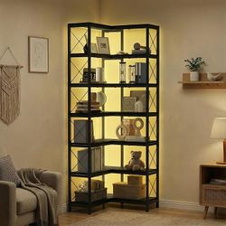 7 Tier Corner Bookshelf with LED Lights, 78.7” High Corner Shelf Storage 