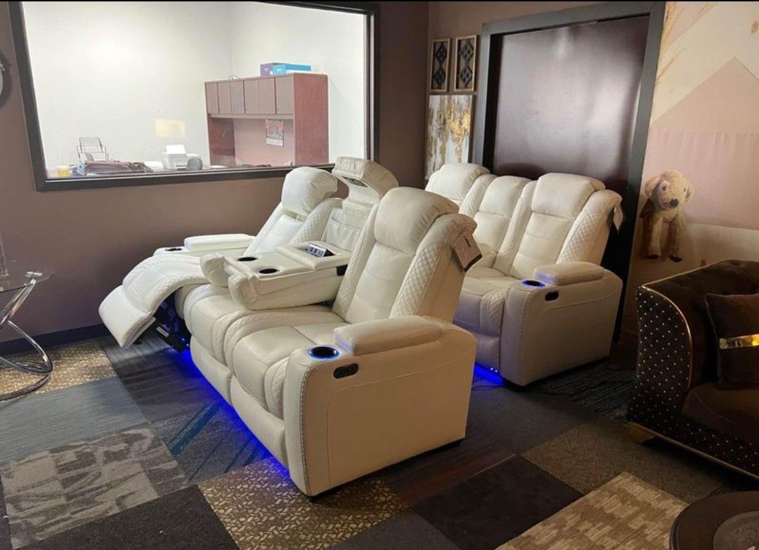 Theater Seating White Faux Leather Power Reclining Sofa And Loveseat Living Room 