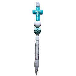 Faith Cross Beaded Mechanical Pencil Topper Blue