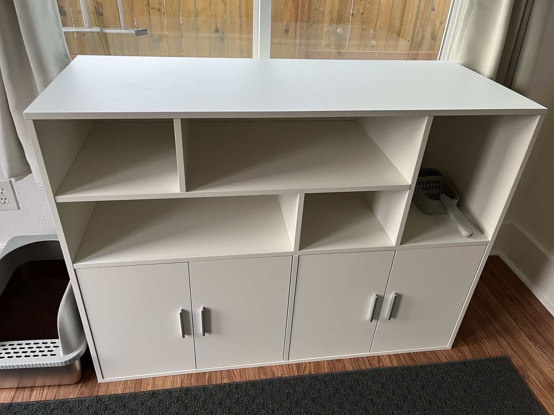 Double Litter Box Enclosure with Large Storage Space, Hidden Cat Litter Box Furniture for 2 Litter Boxes, Wooden Cat House Cabinet (White)