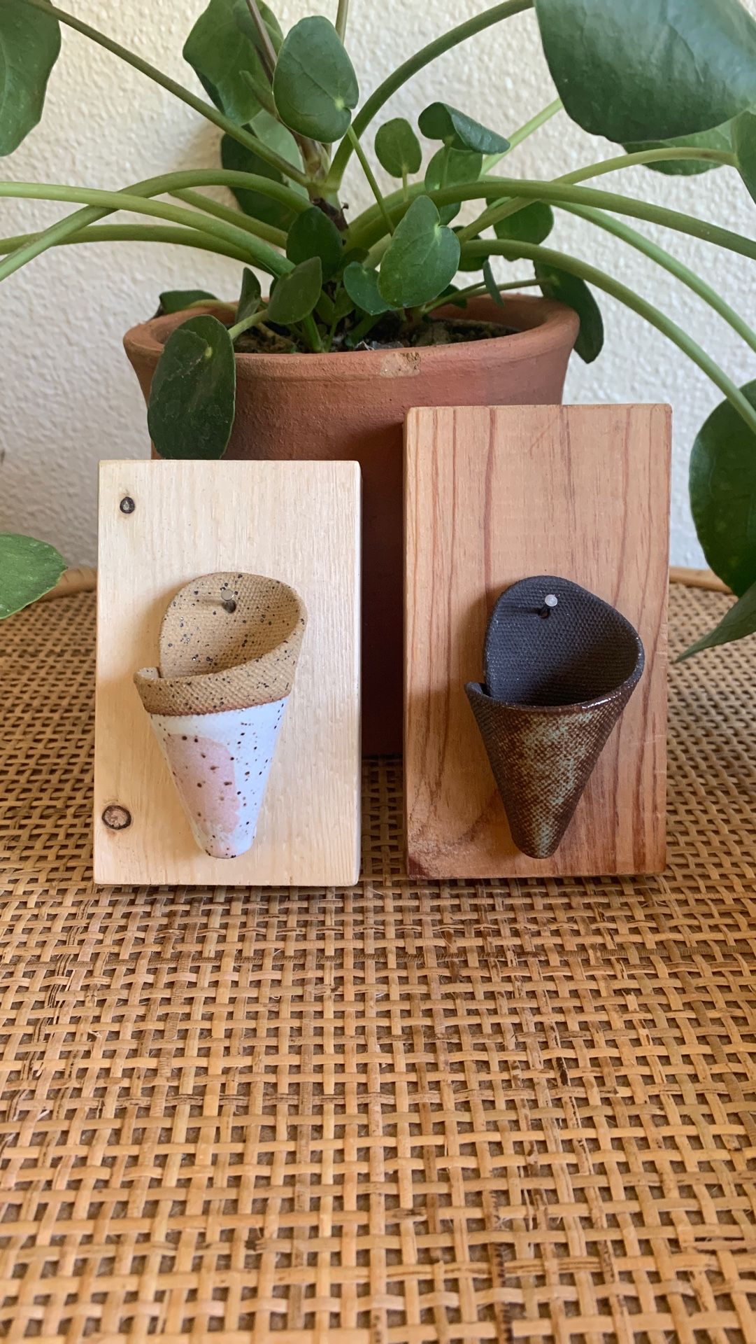 ~2x Handcrafted Pottery Wood Air Plant Holder~