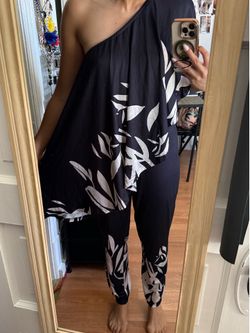 Women’s Plus Size 1XL Black White One Shoulder Jumpsuit Elegant Wide Leg Romper