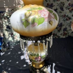 Antique Vintage Hurricane Lamp Hand Painted Flowers, Brass And Hanging Crystals