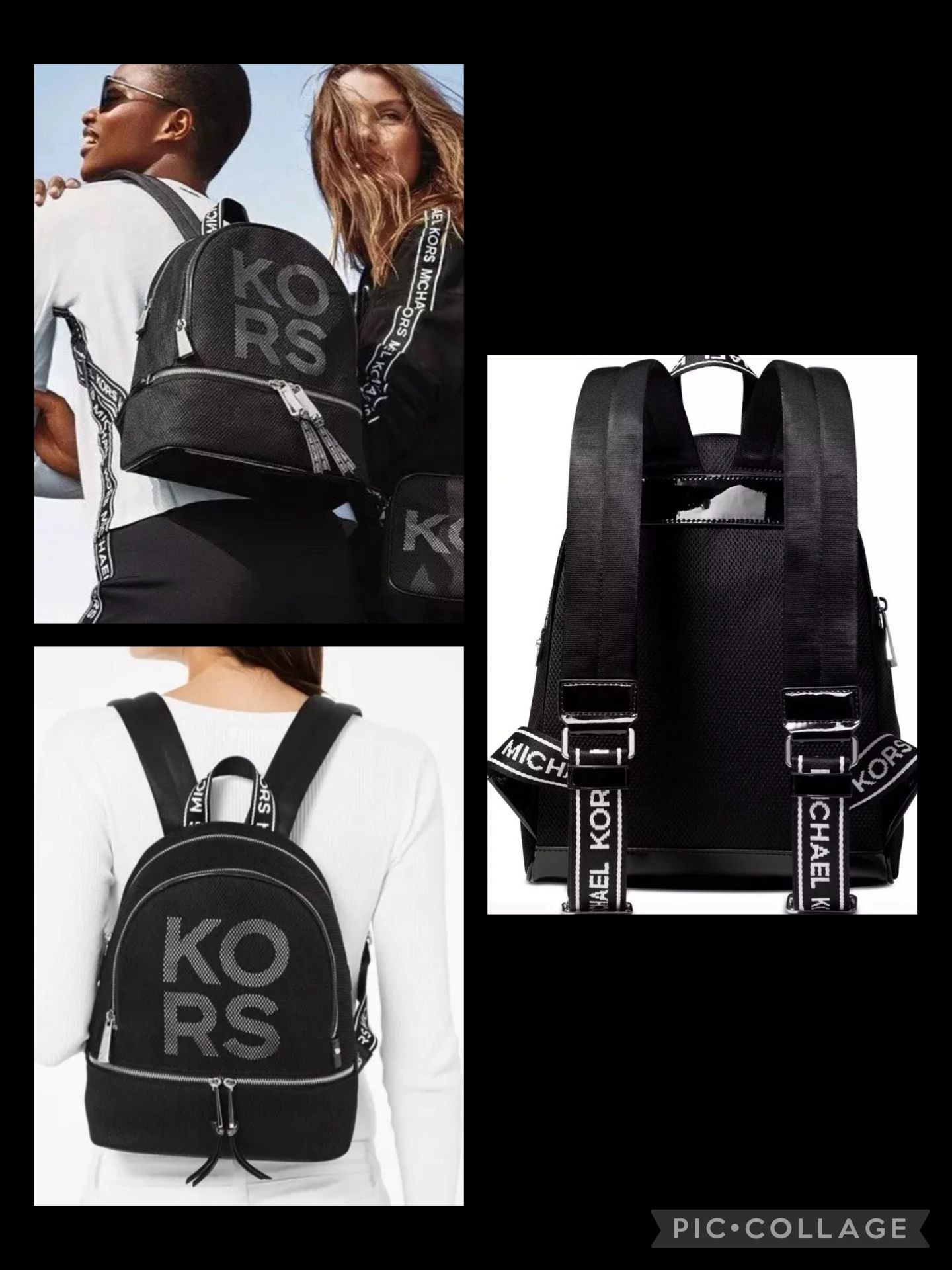New Michael Kors Rhea Zip Backpack Logo Front Polyester Bag Black White Silver