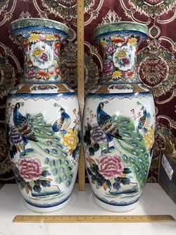 Pair Of Large Vintage Chinese Porcelain  Famille Rose Fish Vases