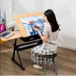 Drawing Table Drafting Desk, Height Adjustable Drawing Desk, Tiltable Craft Table with Storage, Maple Panel Art Desk, for Home Office Drafting Table
