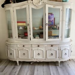 Shabby Chic French Antique Bowed Glass Hutch China Cabinet