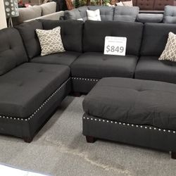 Brand New 104" x 75" Black Linen Reversible Sectional + Ottoman