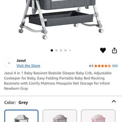 Jaoul 4 in 1 Baby Bassinet Bedside Sleeper Baby Crib, Adjustable Cosleeper for Baby, Easy Folding Portable Baby Bed Rocking Bassinets with Comfy Mattr