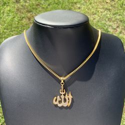 14k Gold Plated Iced Allah Pendant With Franco Chain 24” 4mm Chain Men Women