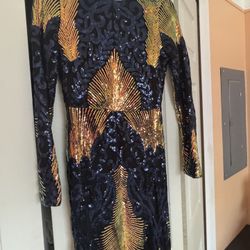Sequined Navy Blue/Gold Evening Dress