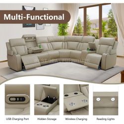 Beige power reclining sectional couch with wireless charger